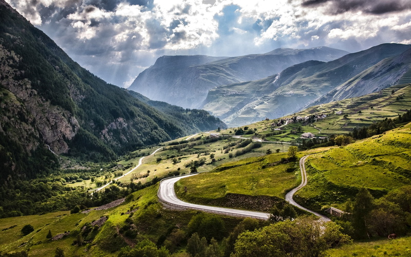 Alps, 1080P, Fields, Sun, Village, Mountains, Rays, Clouds, France, Roads