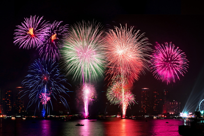 city, fireworks, reflection, lights, display, night, water, colorful, 5K
