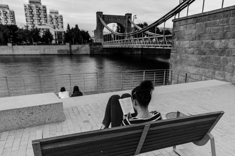 wrocław, building, read, leisure activity, person, reading, relaxation, architecture, photo, nature, summer, bridge, bench, sitting, landscape, old, skyline