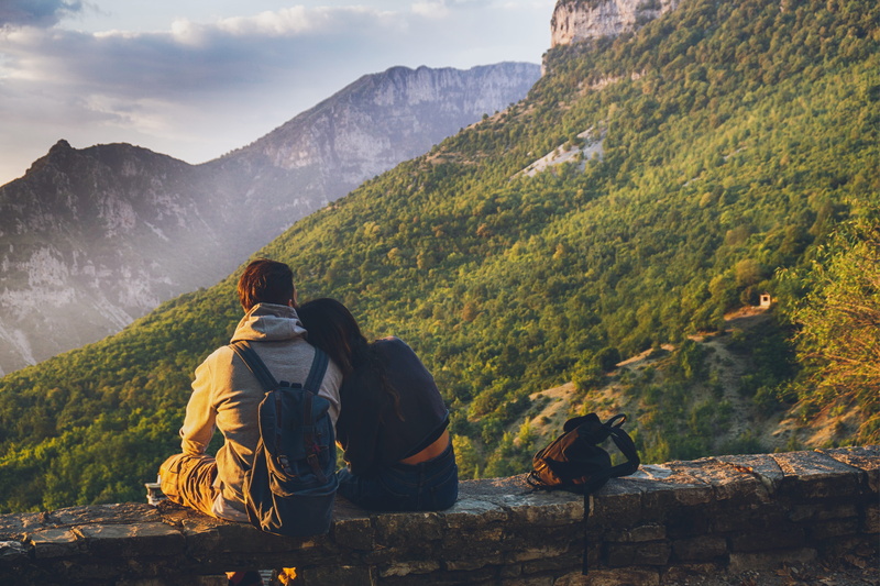 scenics - nature, hike, lifestyles, mountain range, couple, outdoors, men, nature, recreation, two people, peaks, tree, scenic, non-urban scene, couple - relationship
