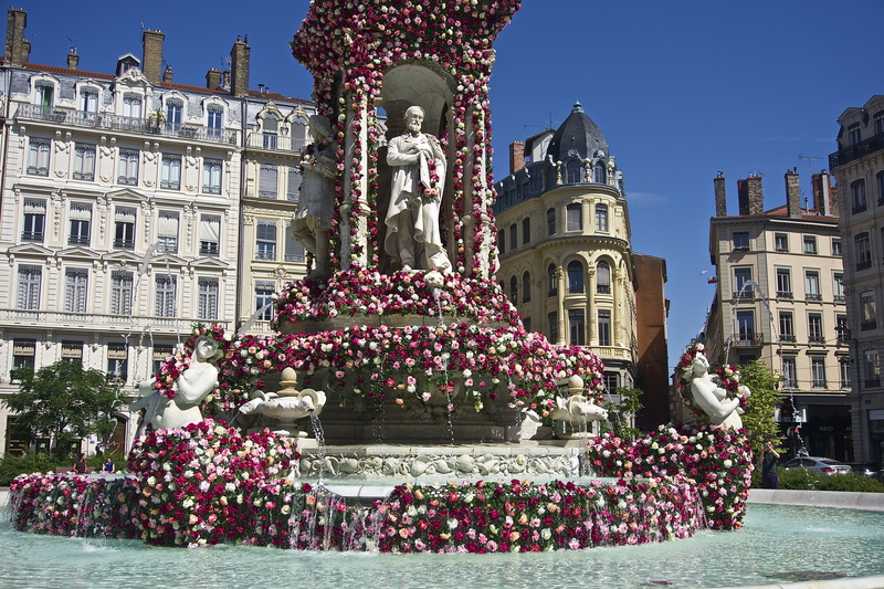 statue, plant, built structure, celebration, christmas, 5K, decoration, religion, flower, fountain, lyon, city, tree, christmas tree, group of people