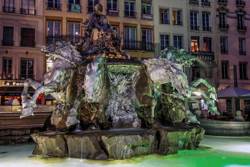 lights, fountain, France, sculpture, 1080P, night, Lyon