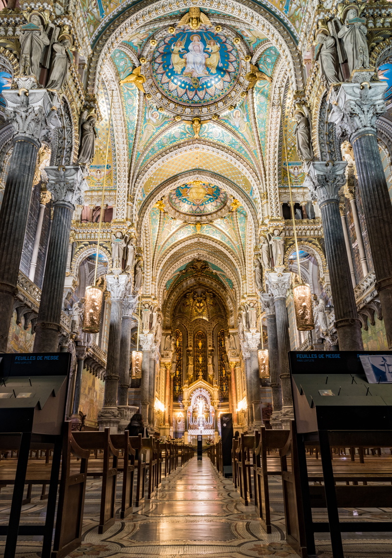 altar, spirituality, illuminated, notre, ceiling, la, lyon, aisle, arch, re, built structure, lighting equipment, fourvi, belief, building, basilique, minor