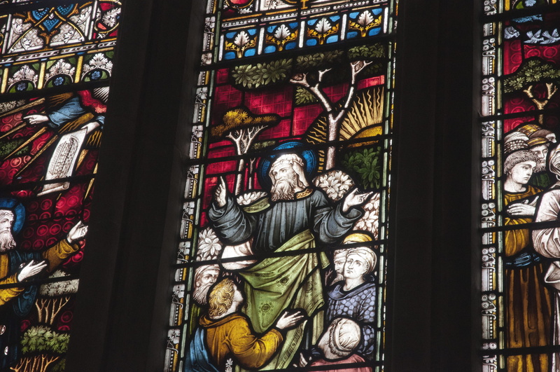 art and craft, male likeness, windows, indoors, building, day, christianity, church, stained, frame, built structure, iglesium, place of worship, craft