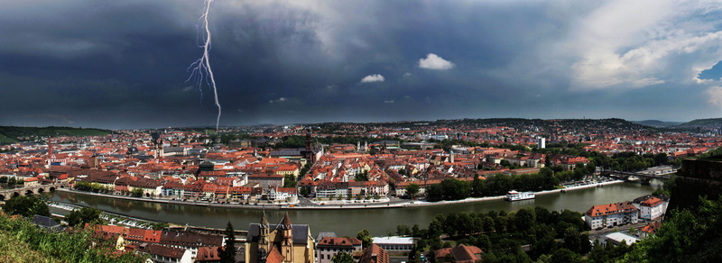 photography, storm cloud, Würzburg, flash, Thunderstorm, city, village, built structure, high angle view, nature, fisheye, cityscape, building, storm, 8K