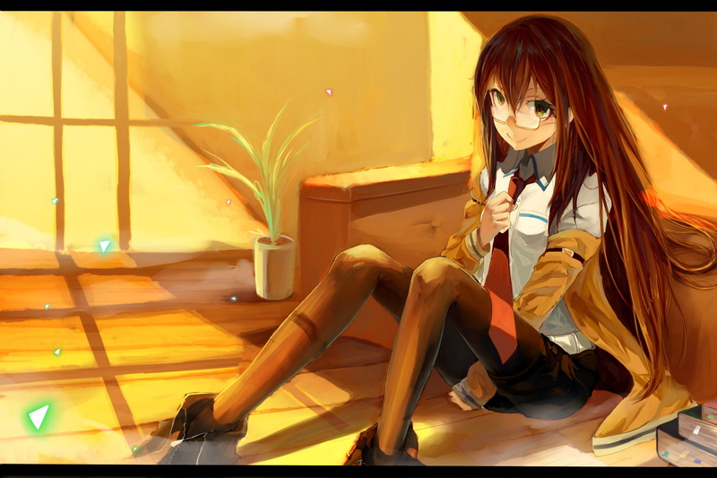 meganekko, girls, makise, anime, tie, hair, steins gate, 2K, long, kurisu, glasses