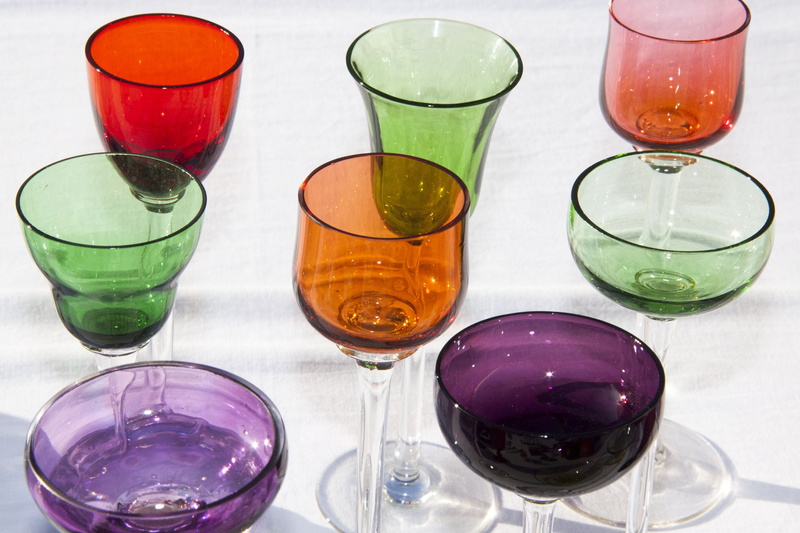 drink, studio shot, high angle view, purple, still life, orange, drinking Glass, choice, glass - Material, food and drink, group of objects, pinnchen, flea market