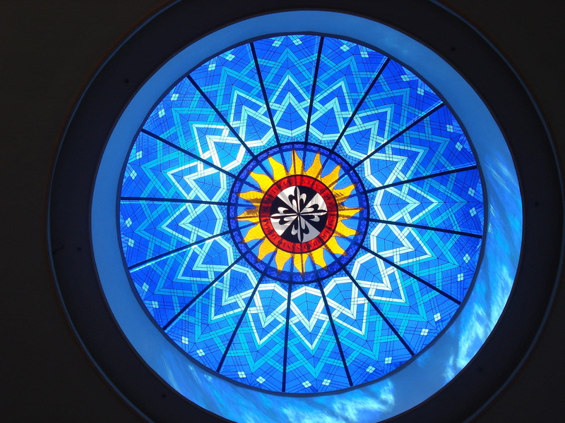 shape, travel, multi colored, pattern, ceiling, architecture, illuminated, directly below, glass - material, Stained Glass, design, Art, symbol, geometric shape