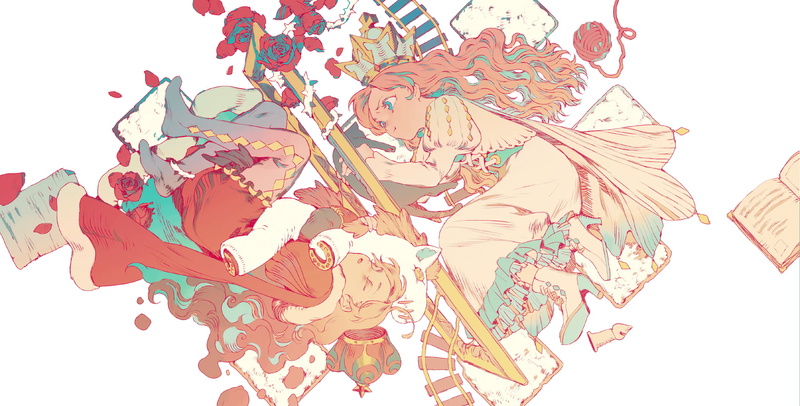 anime girls, thorns, white background, Toy, roses, 1080P, aqua eyes, books, crown, chess, flowers, cats, long hair, anime, petals