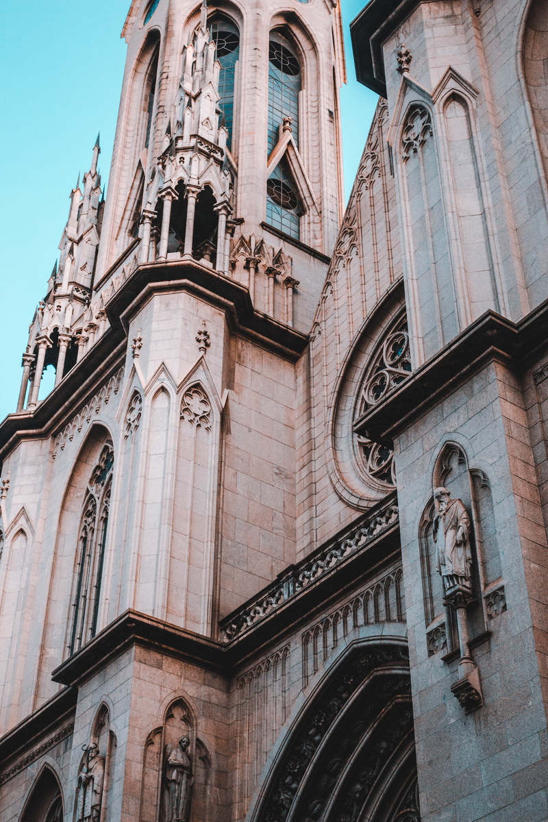 low angle view, ornate, architecture, exterior, sculpture, tower, concrete, brown, day, historical, outdoors, church, place of worship, religion, history