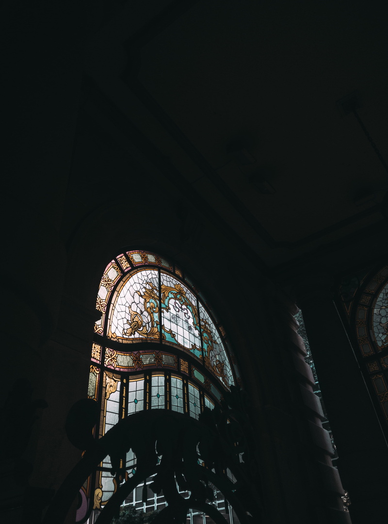 no people, catholic, ornate, low angle shot, architecture and art, day, built structure, indoors, spirituality, light, stained glass, basilica, glass - material