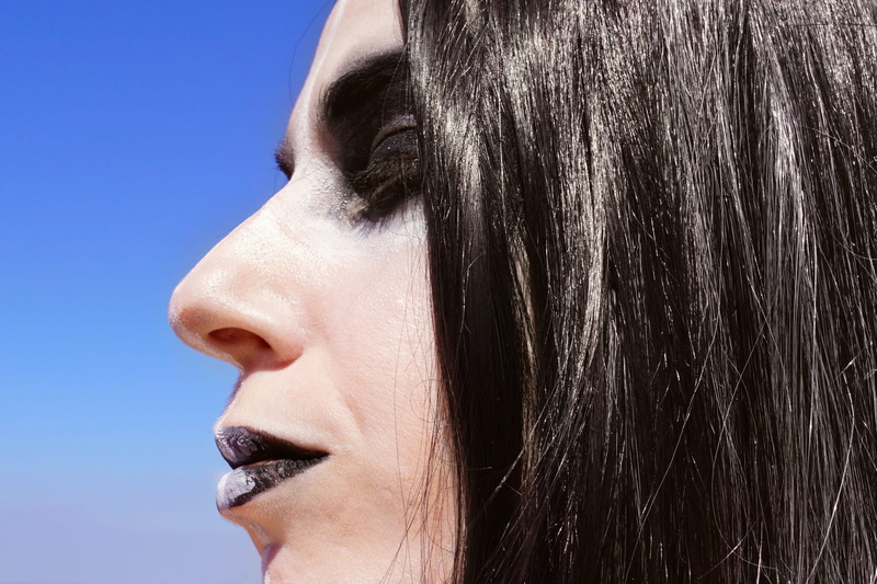 profile view, lips, portrait, cute, looking away, halloween, body part, model, adult, hair, real people, makeup, smiling, dark, young adult, human body part