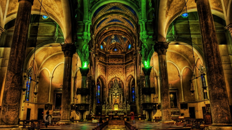 art, illuminated, the past, architecture and art, 1080P, travel, ancient, dark, nave, cathedral, pew, chapel, church, color Image, architecture, architectural column