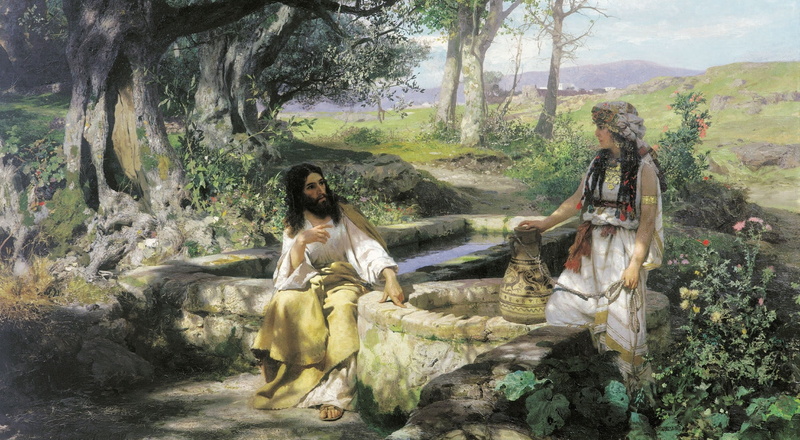 Christ and the samaritan woman, full length, real people, people, painting, art, young adult, leisure activity, plant, mammal, vertebrate, animal wildlife