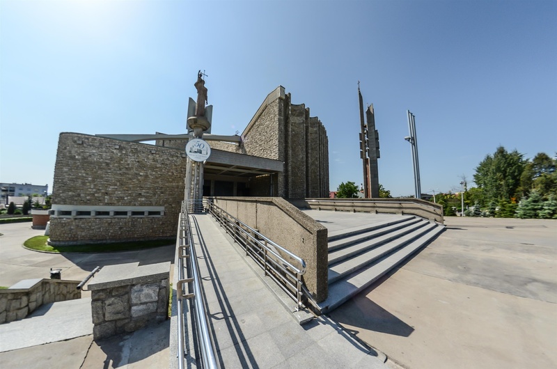 2K, building exterior, building, city, church, outdoors, footpath, shadow, religion, kielce, sky, tree, no people, belief, day, nature, poland, sunlight