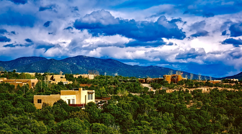 trees, mountains, mountain range, building exterior, no people, picturesque, sky, cloud - sky, house, adobe, residential district, high angle view, beautiful