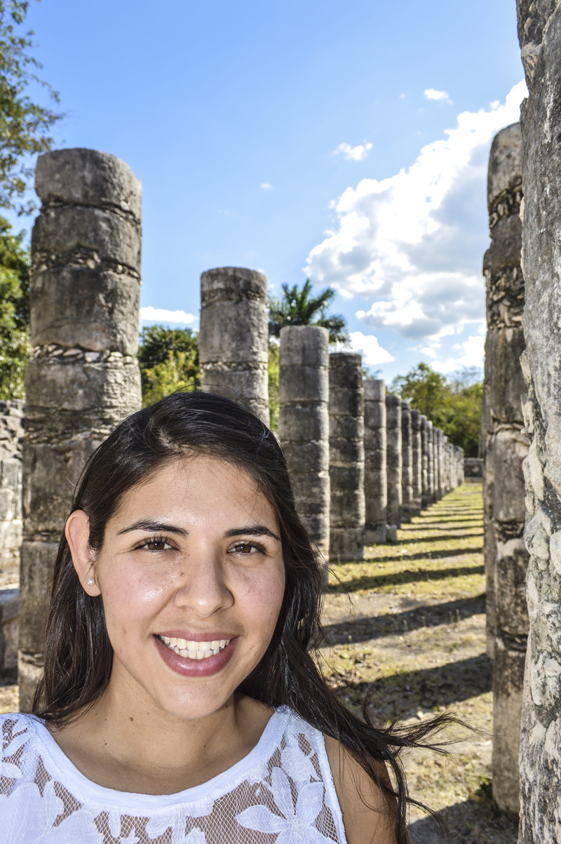 day, mexico, tourism, pyramid, nature, maya, outdoors, sky, the past, women, architecture, chichen itza, happiness, headshot, ancient, old ruin, smiling