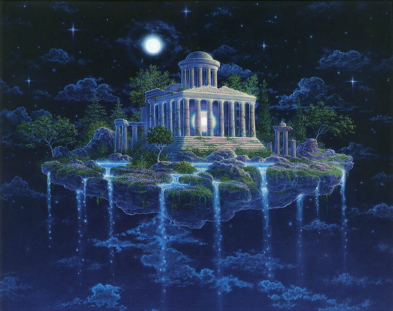 the sky, sky, travel destinations, uSA, Moon Temple, island, architecture, building, building exterior, blue, illustration, night, famous Place, plant