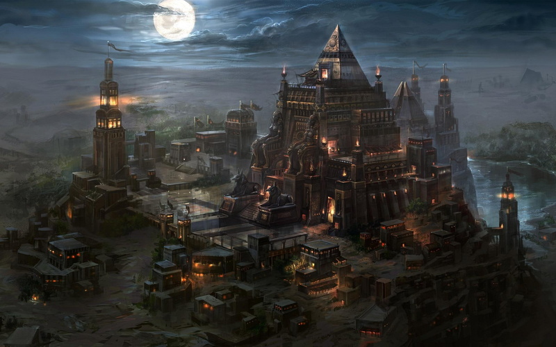 1080P, cities, night, art, moon, temple, kingdom, castle, buildings, iifantasy, fire