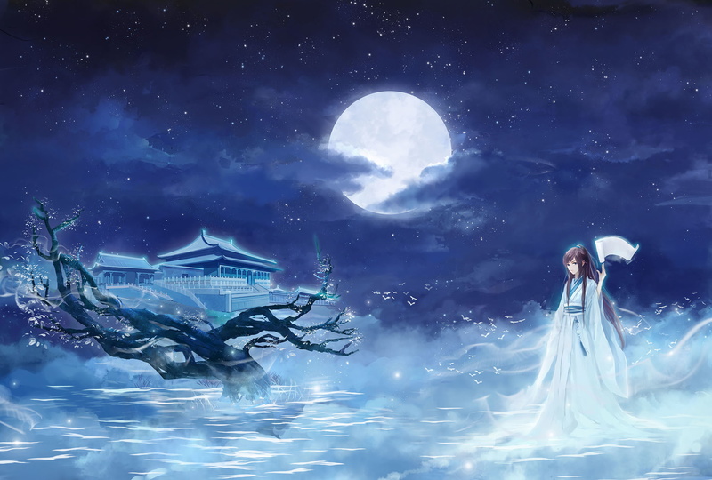 clouds, stars, temple, night, 1080P, scroll, Sakura, kimono, The moon, girl