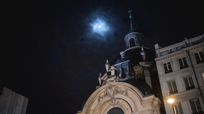 travel destinations, place of worship, belief, low angle view, tower, night, city, building, moon, outdoors, religion, france, the past, government, illuminated