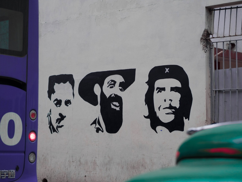 spanish, built structure, architecture, land vehicle, outdoors, wall - building feature, mexican, havana, revolution, che guevara, day, art and craft, motor vehicle