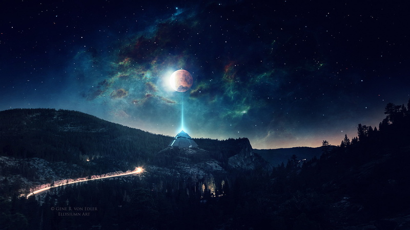 Moon, stars, digital, 1080P, Gene Raz von Edler, nebula, pyramid, landscape, space, night, artwork
