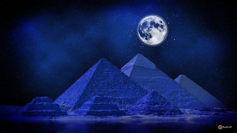 artwork, pyramids, Full, blue, art, Deserts, Moon, digital, Midnight, 1080P