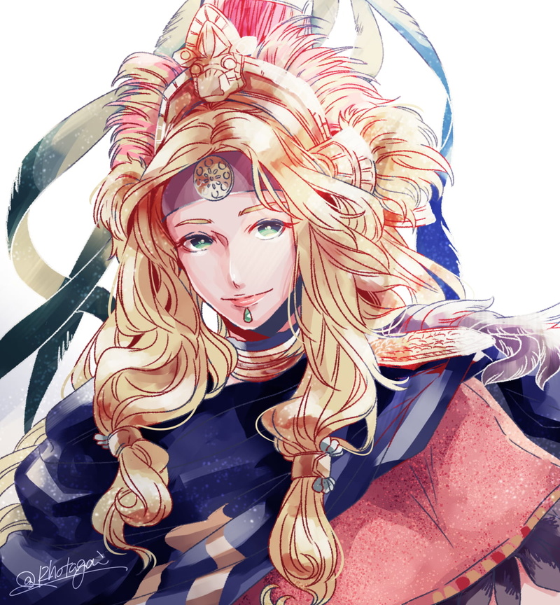 fan art, pigtails, blond hair, anime, Aztec, FGO, Fate/Grand Order, anime girls, Quetzalcoatl (FGO), smiling, long hair, green eyes, Fate Series, looking at viewer