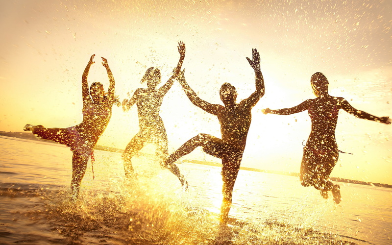 friends, fun, joy, leisure activity, lifestyles, group of people, water, childhood, ocean, child, summer, arms raised, sunset, land, enjoy, motion, men