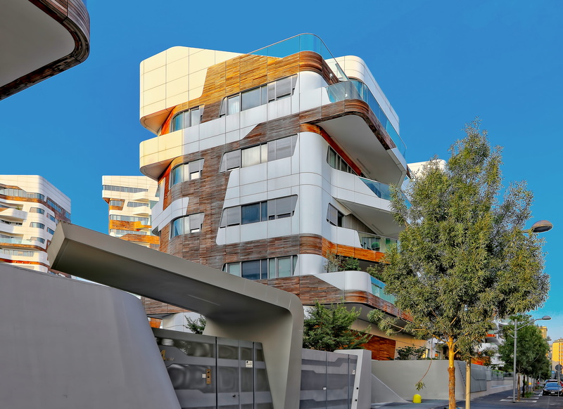 housing, day, sky, sunlight, milan, facade, apartment building, architecture, window, low angle view, glass - material, clear sky, high rise, no people