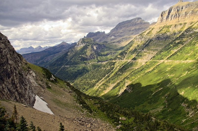 highline trail, going to the sun road, tranquility, snow, mountain range, landscape, cloud - sky, beauty in nature, mountains, outdoors, day, weather, ice