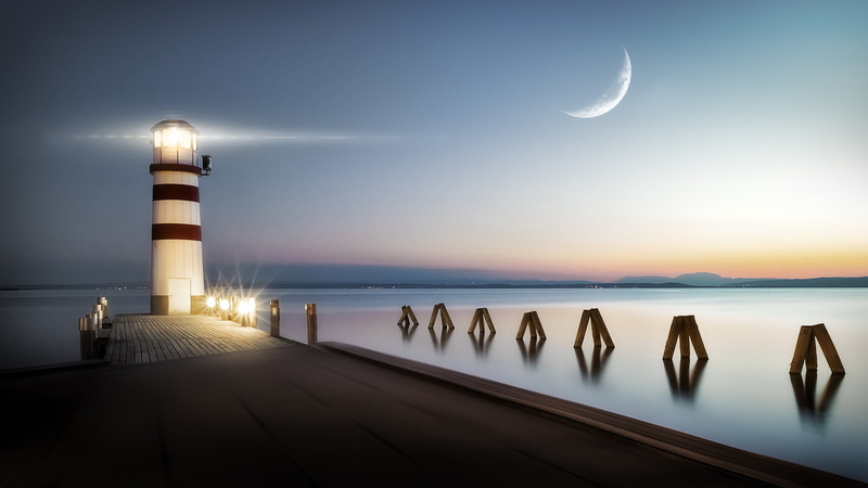 crescent, water, direction, guidance, no people, Emánuel Kántor, built structure, moonlight, tower, lighthouse, illuminated, full moon, sky, scenics - nature