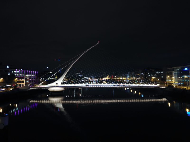 modern, mavic pro, liffey, skyscraper, music, samuel beckett bridge, bridge - man made structure, light, purple, 4K, cityscape, transportation, illuminated
