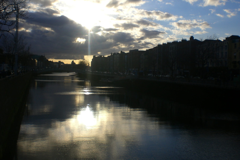 water, tranquility, beauty in nature, river liffey, outdoors, nature, waterfront, heaven, cloudy blue sky, building exterior, sunrise, built structure