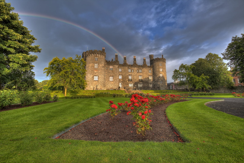 rainbow, growth, sky, Ireland, flowers, architecture, beauty in nature, Kilkenny Castle, near, building, flower, building exterior, cloud - sky, plant