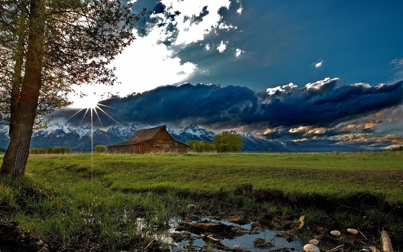 sky, rustic, mountains, farm, sunset, architecture, barn, 1080P, high, nature, sunrise, clouds, trees, quality, picture, landscapes