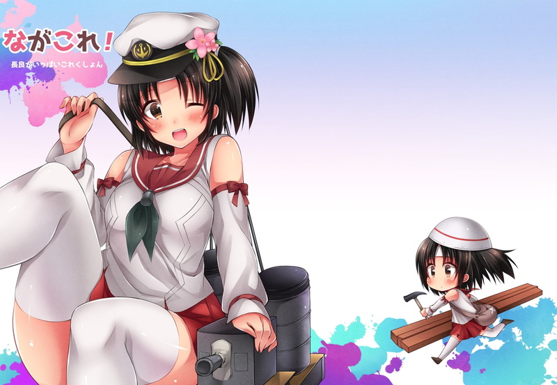 kantai collection, smiling, Anime, childhood, child, nagara, two people, vacations, girls, adult, people, military hat, sitting, young adult, holiday, hat