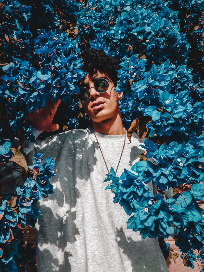 shirt, plant part, person, art, one person, photography, wearing, flower arrangement, standing, blossom, sunglasses, growth, sunlight, origami, paper, outdoors