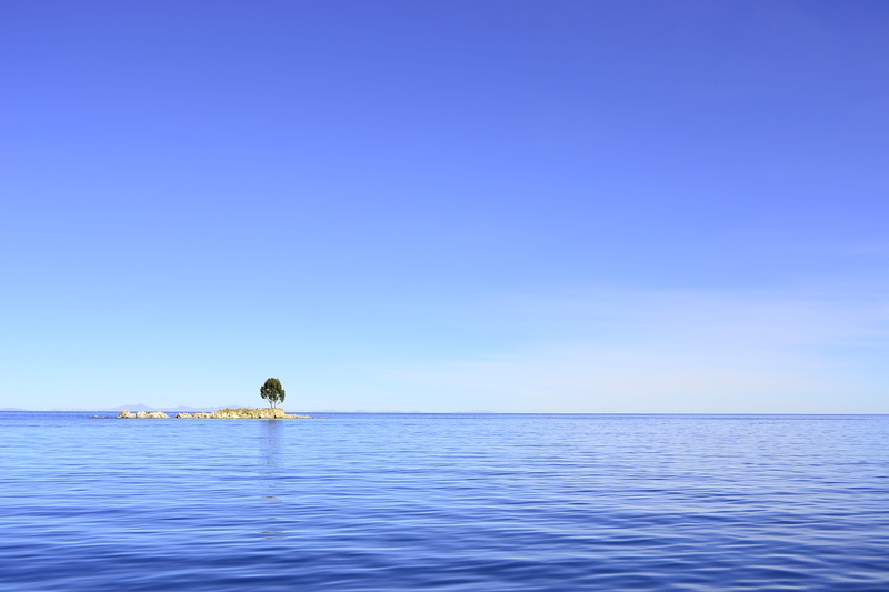copy space, sky, tree, horizon, blue, lake titicaca, day, nature, beauty in nature, lake, men, clear sky, outdoors, tranquility, scenics - nature, alone
