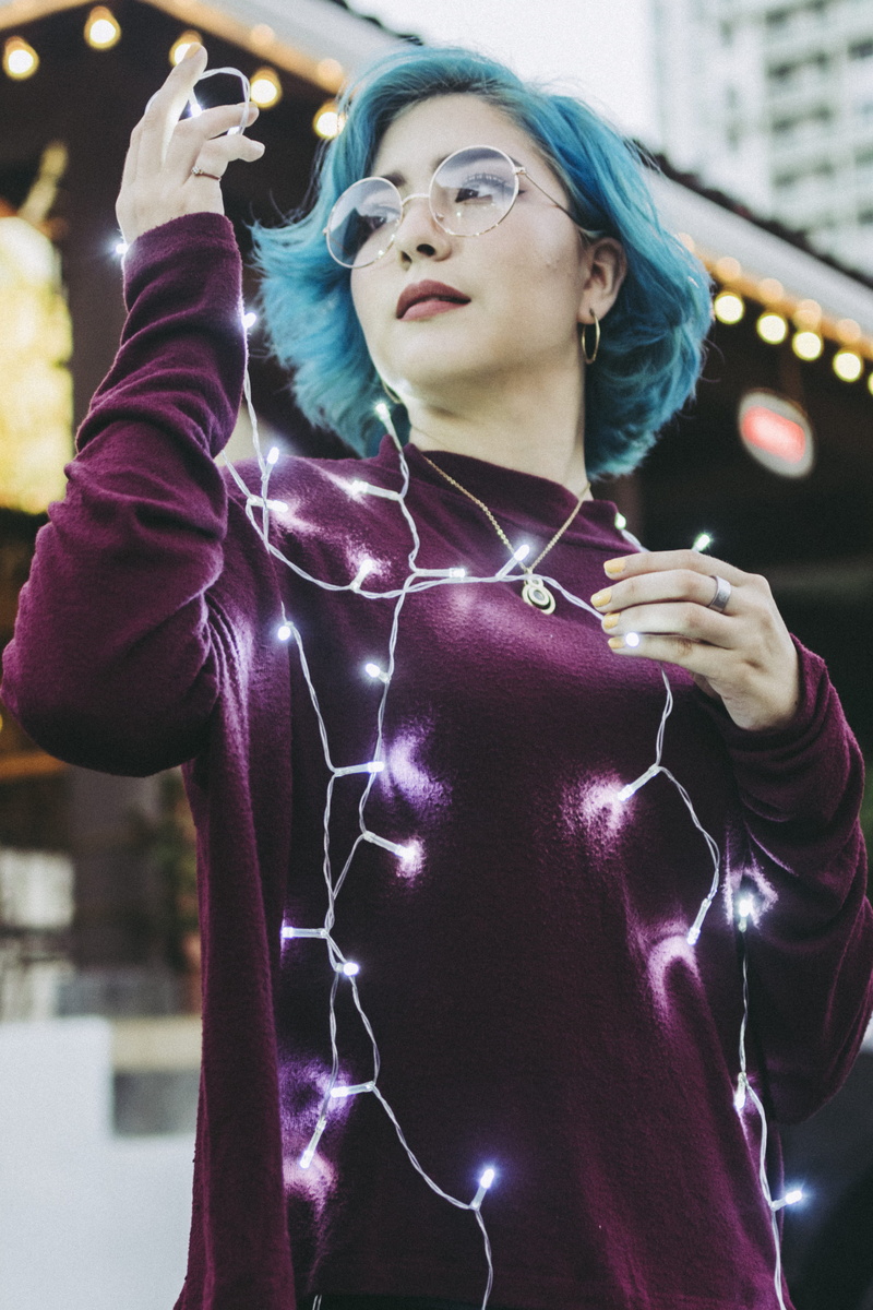 purple, beauty, pretty, sweater, eyeglasses, hair, dyed hair, women, real people, hairstyle, beautiful, waist up, city, looking, blue hair, glowing, female