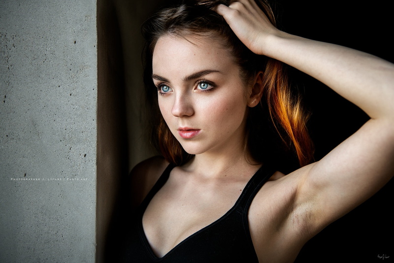 armpits, red lipstick, blue eyes, 1080P, brunette, hands in hair, black tops, portrait, women, model, Katherine Sher