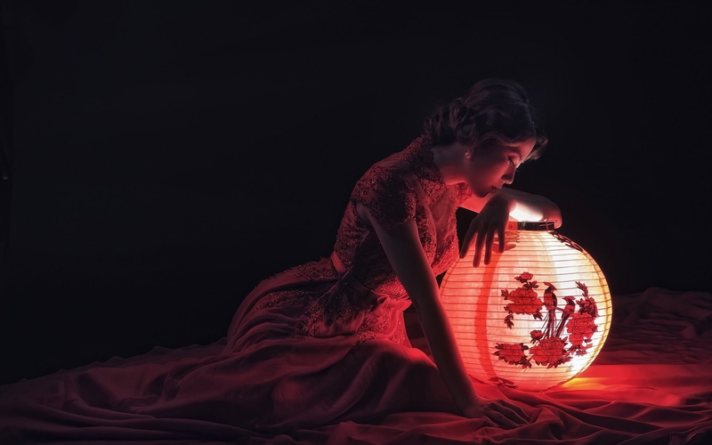 lantern, lights, long hair, model, dark, 1080P, brunette, red dress, sitting, black background, women, Asian