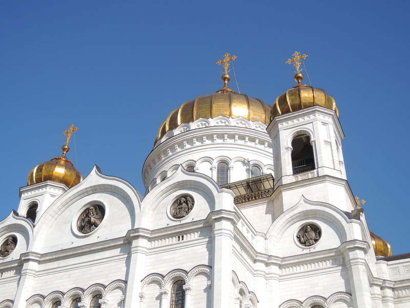 orthodox, blue, building, clear sky, christian temple, temple, belief, sky, religion, building exterior, the center of moscow, outdoors, no people, spirituality