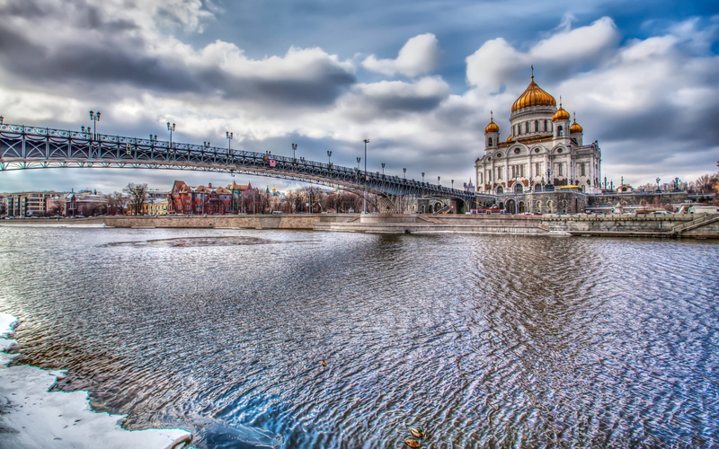 bridge - man made structure, water, Russia, connection, sky, city, gold, building, day, river, travel destinations, built structure, white, The Cathedral Of Christ The Savior