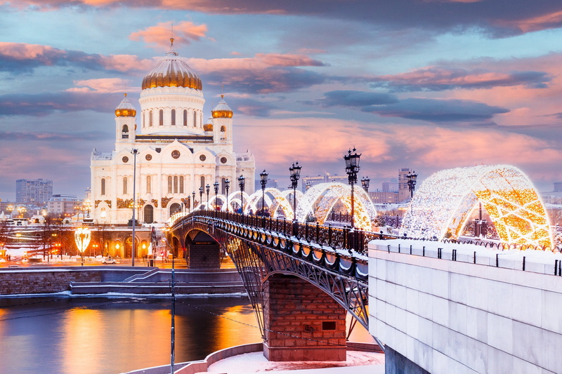 The Moscow river, 1080P, Russia, Cathedral, bridge, Moscow, river, winter, The Cathedral Of Christ The Savior, temple, Храм Рождества Христова, illumination