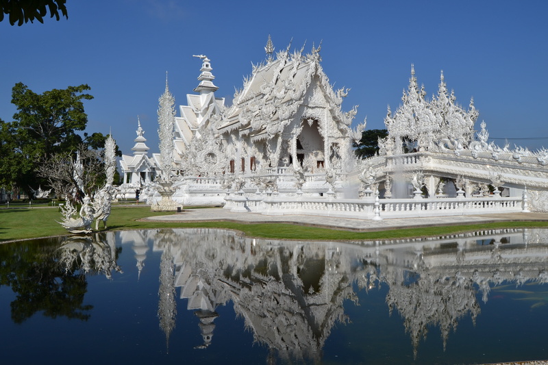 asia, day, thailand, wat rong khon, temple, tourism, white temple, wat, lake, central asia, nature, clear sky, 4K, blue, water, chiand rai, plant, ancient