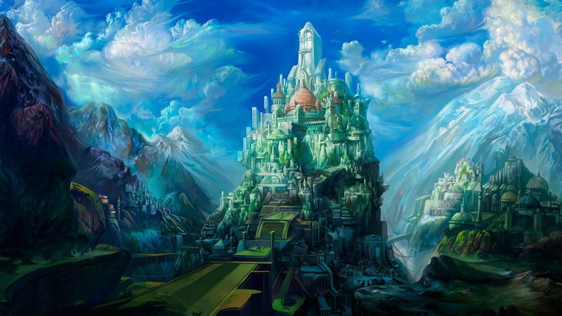 fantasy city, 1080P, sky, mountains, concept art, fantasy art, ancient babylon, castle, artwork