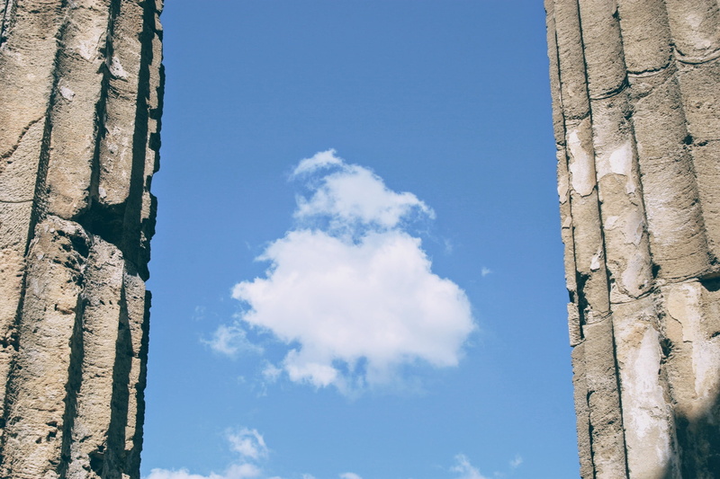built structure, alone, clouds, travel, blue, cloud - sky, sunlight, carved, nature, sicily, selinunte archaeological park, no people, building, architectural column
