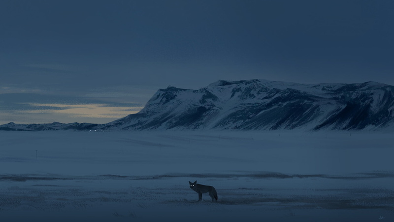 nature, dusk, painting, snow, 1080P, Alexandria Neonakis, fox, digital art, mountains
